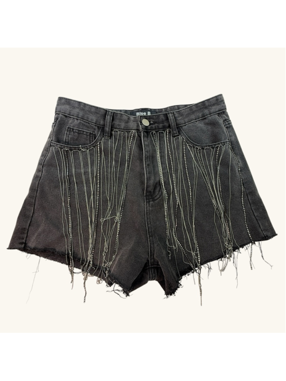 Blue B Collection Black Denim Rhinestone Fringe Shorts Womens Medium Raw Hem Fes